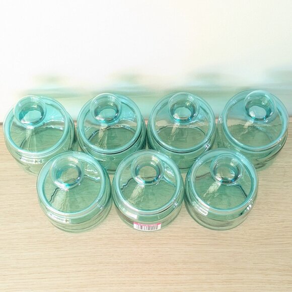 Vintage 2 LUMINARC aqua blue glass storage jars, Coastal FRENCH apothecary jars - Picture 10 of 10
